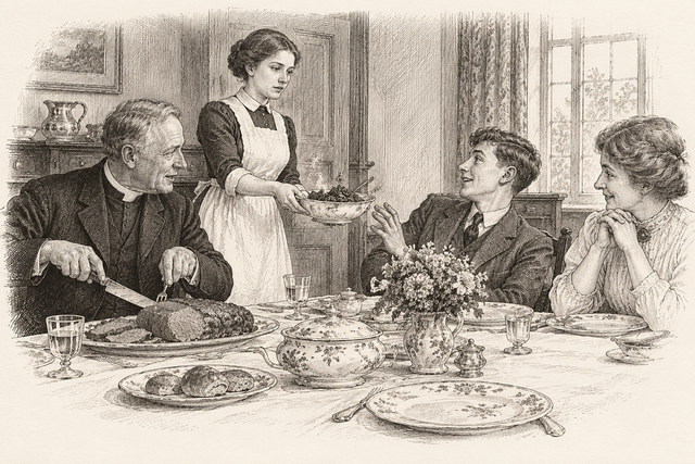 An engraving-style sketch for Murder at the Vicarage, Chapter 1.