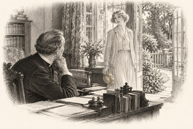 An engraving-style sketch for Murder at the Vicarage, Chapter 2.