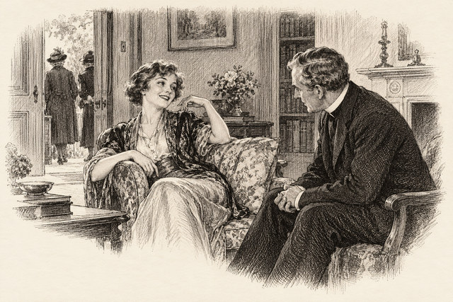 An engraving-style sketch for Murder at the Vicarage, Chapter 3.