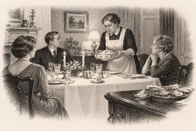 An engraving-style sketch for Murder at the Vicarage, Chapter 4.