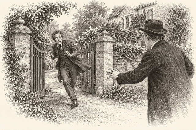 An engraving-style sketch for Murder at the Vicarage, Chapter 5.