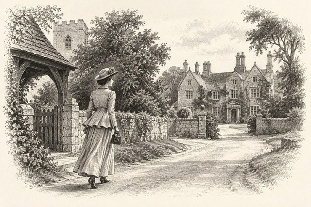 An engraving-style sketch for Murder at the Vicarage, Chapter 6.