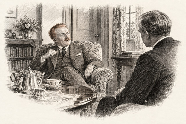 An engraving-style sketch for Murder at the Vicarage, Chapter 7.