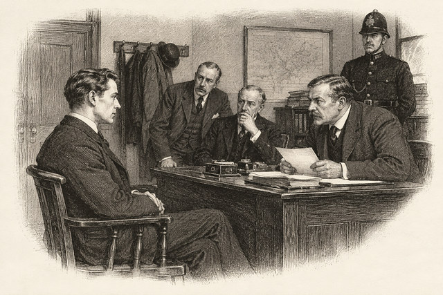 An engraving-style sketch for Murder at the Vicarage, Chapter 8.