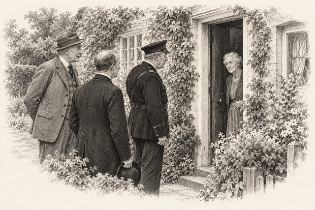 An engraving-style sketch for Murder at the Vicarage, Chapter 9.