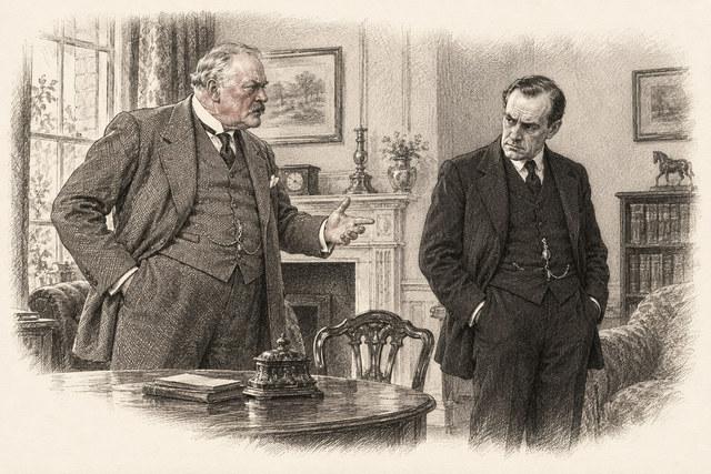 An engraving-style sketch for Murder at the Vicarage, Chapter 11.
