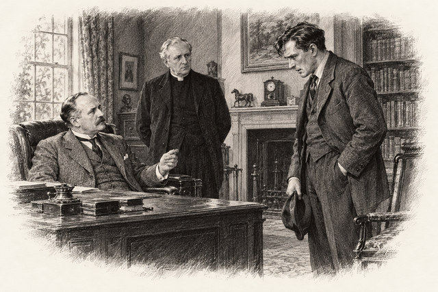 An engraving-style sketch for Murder at the Vicarage, Chapter 12.