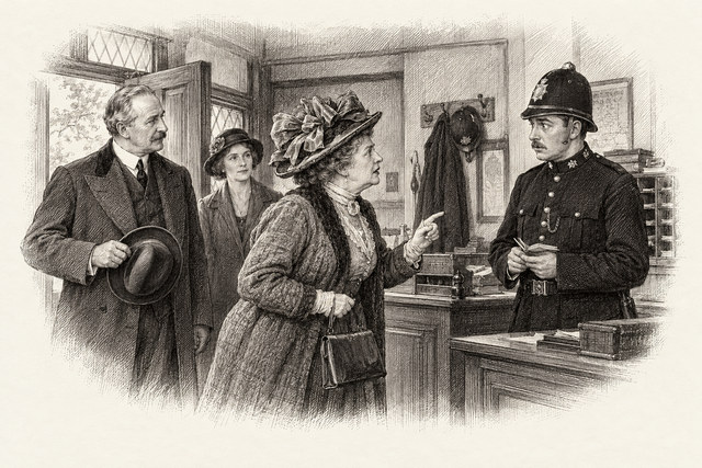 An engraving-style sketch for Murder at the Vicarage, Chapter 13.