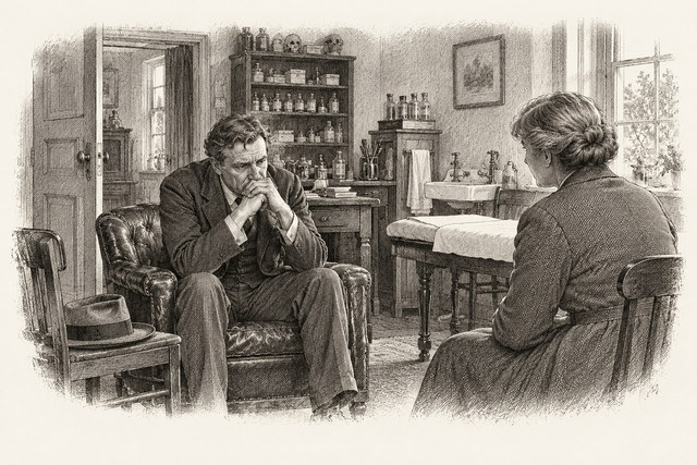 An engraving-style sketch for Murder at the Vicarage, Chapter 14.