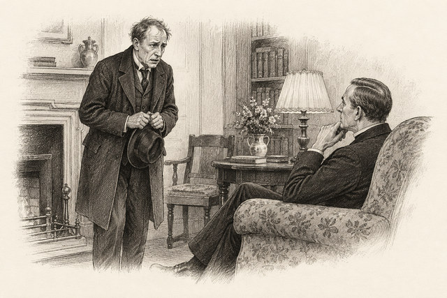 An engraving-style sketch for Murder at the Vicarage, Chapter 15.