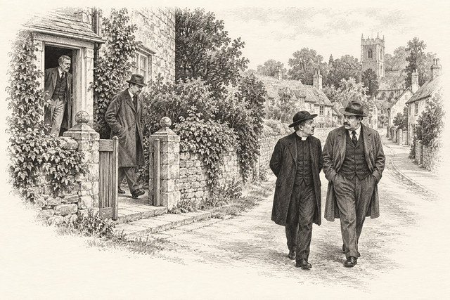 An engraving-style sketch for Murder at the Vicarage, Chapter 16.