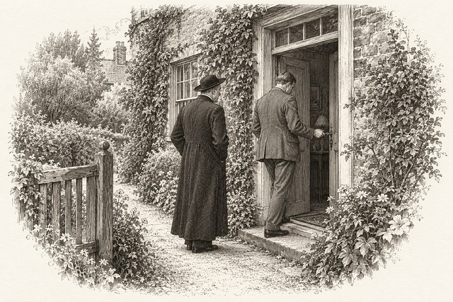 An engraving-style sketch for Murder at the Vicarage, Chapter 19.