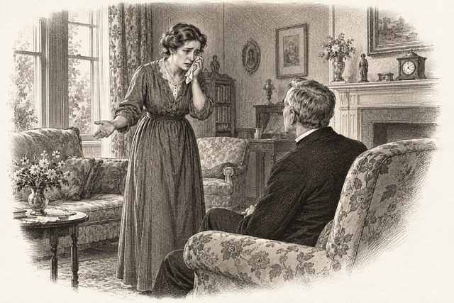 An engraving-style sketch for Murder at the Vicarage, Chapter 20.