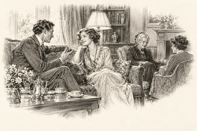 An engraving-style sketch for Murder at the Vicarage, Chapter 21.