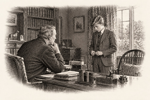 An engraving-style sketch for Murder at the Vicarage, Chapter 22.