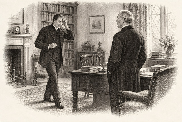 An engraving-style sketch for Murder at the Vicarage, Chapter 24.