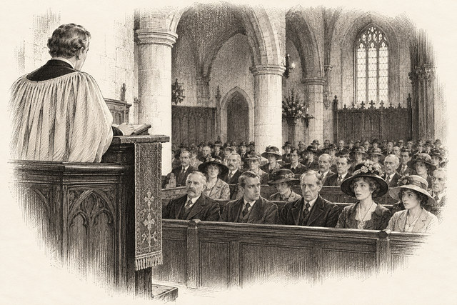 An engraving-style sketch for Murder at the Vicarage, Chapter 26.