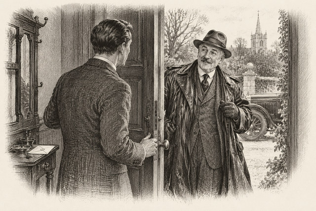 An engraving-style sketch for Murder at the Vicarage, Chapter 27.