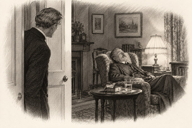 An engraving-style sketch for Murder at the Vicarage, Chapter 28.