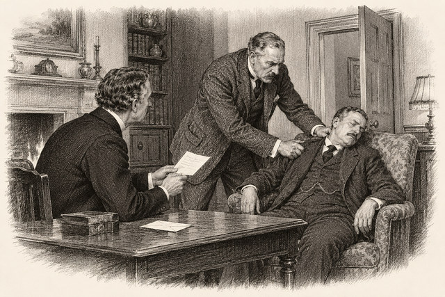 An engraving-style sketch for Murder at the Vicarage, Chapter 29.