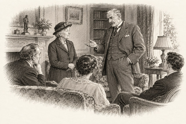 An engraving-style sketch for Murder at the Vicarage, Chapter 30.