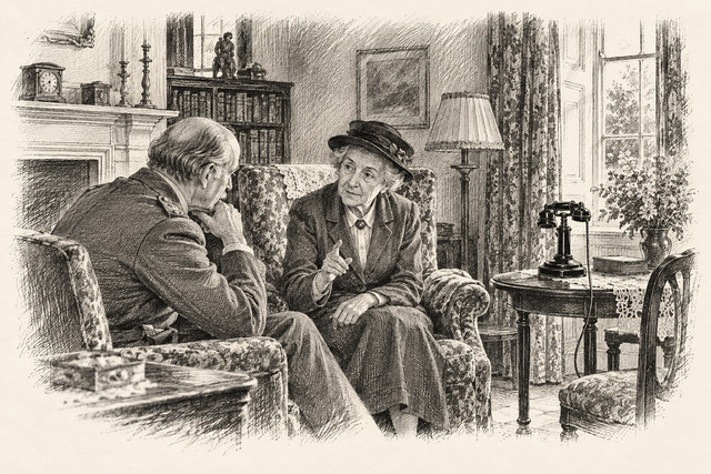 An engraving-style sketch for Murder at the Vicarage, Chapter 31.