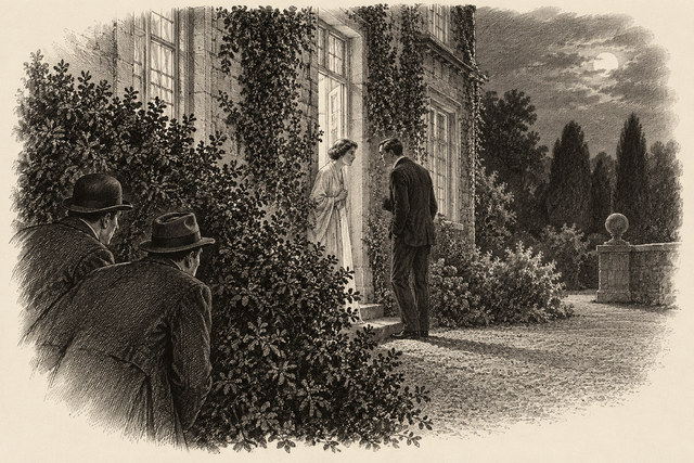 An engraving-style sketch for Murder at the Vicarage, Chapter 32.
