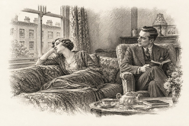 An engraving-style sketch for Partners in Crime, Chapter I. A Fairy in the Flat.