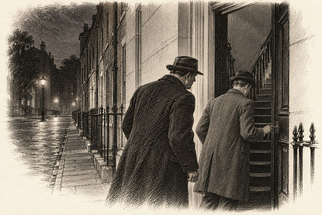 An engraving-style sketch for Partners in Crime, Chapter VI. The Adventure of the Sinister Stranger (continued).