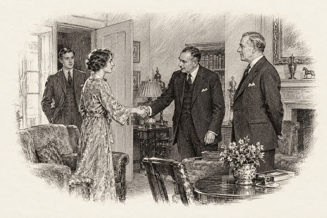 An engraving-style sketch for Partners in Crime, Chapter VIII. The Gentleman Dressed in Newspaper.