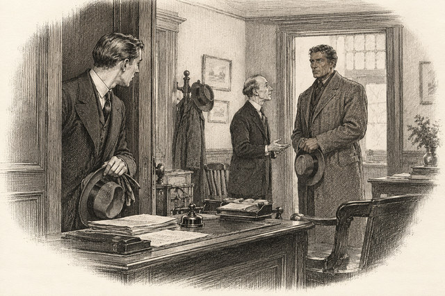 An engraving-style sketch for Partners in Crime, Chapter IX. The Case of the Missing Lady.
