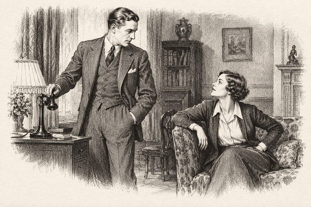 An engraving-style sketch for Partners in Crime, Chapter X. Blindman's Buff.