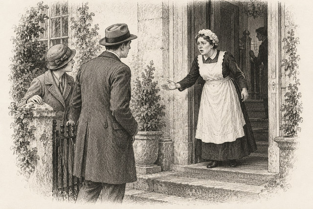 An engraving-style sketch for Partners in Crime, Chapter XII. The Man in the Mist (continued).