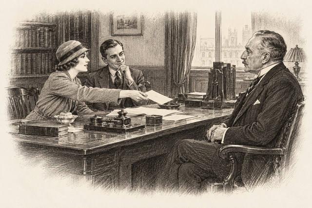 An engraving-style sketch for Partners in Crime, Chapter XXII. The Ambassador's Boots.