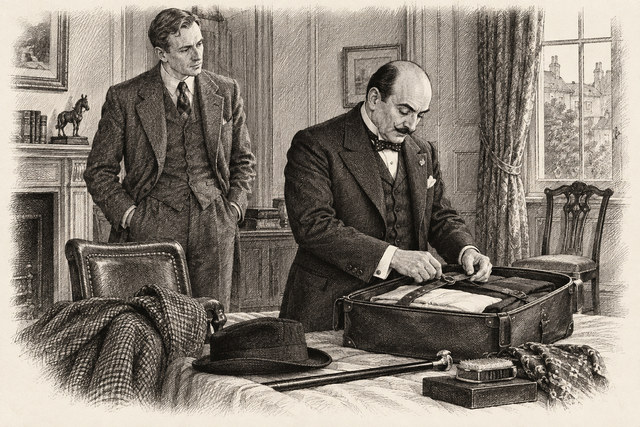 An engraving-style sketch for Poirot Investigates, II. The Tragedy at Marsdon Manor.