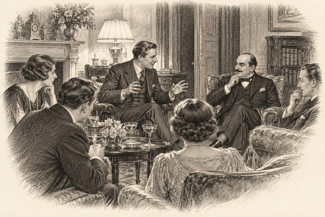 An engraving-style sketch for Poirot Investigates, III. The Adventure of the Cheap Flat.