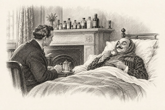 An engraving-style sketch for Poirot Investigates, IV. The Mystery of Hunter’s Lodge.