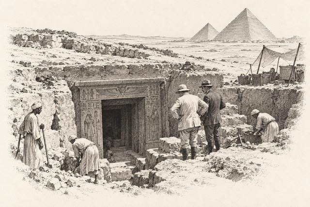 An engraving-style sketch for Poirot Investigates, VI. The Adventure of the Egyptian Tomb.