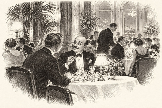An engraving-style sketch for Poirot Investigates, VII. The Jewel Robbery at the Grand Metropolitan.