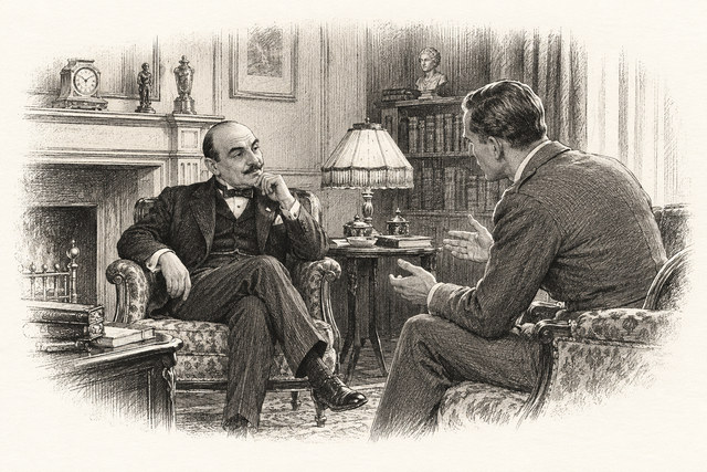 An engraving-style sketch for Poirot Investigates, VIII. The Kidnapped Prime Minister.