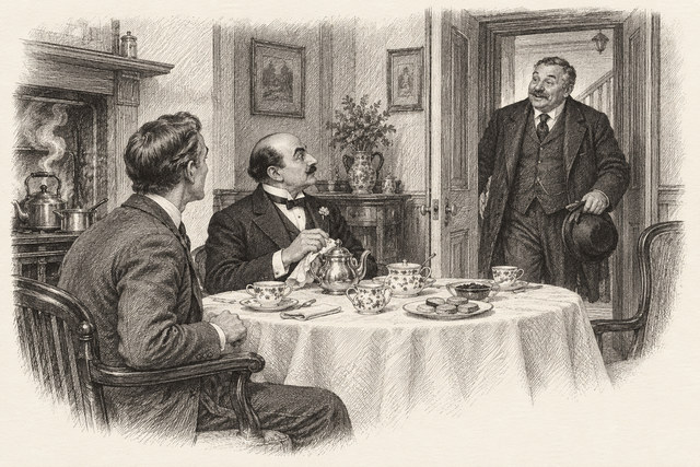 An engraving-style sketch for Poirot Investigates, IX. The Disappearance of Mr. Davenheim.