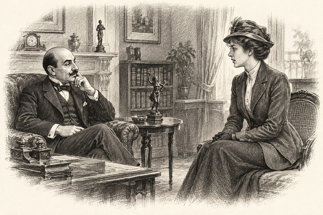An engraving-style sketch for Poirot Investigates, XI. The Case of the Missing Will.