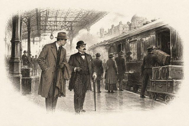 An engraving-style sketch for The Big Four, 6. THE WOMAN ON THE STAIRS.
