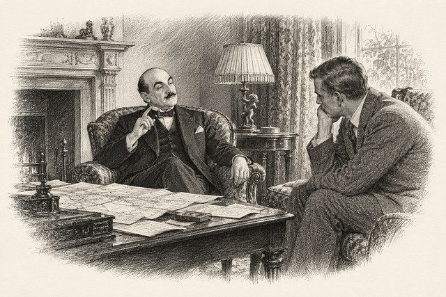 An engraving-style sketch for The Big Four, 9. THE YELLOW JASMINE MYSTERY.
