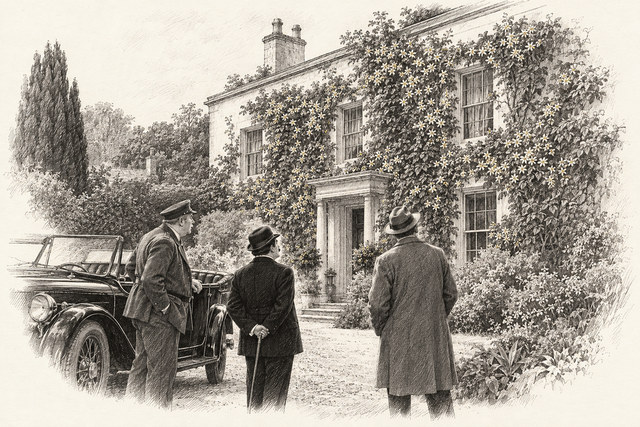 An engraving-style sketch for The Big Four, 10. WE INVESTIGATE AT CROFTLANDS.