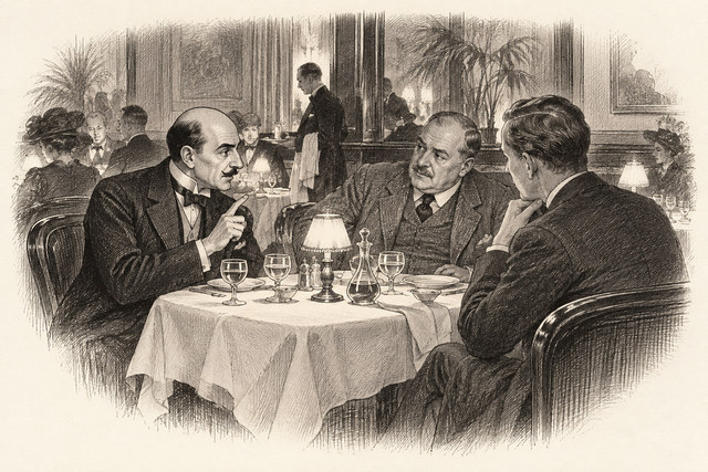 An engraving-style sketch for The Big Four, 11. A CHESS PROBLEM.