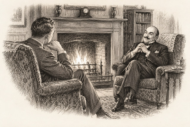 An engraving-style sketch for The Big Four, 12. THE BAITED TRAP.