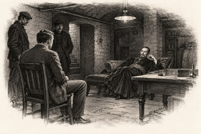 An engraving-style sketch for The Big Four, 13. THE MOUSE WALKS IN.
