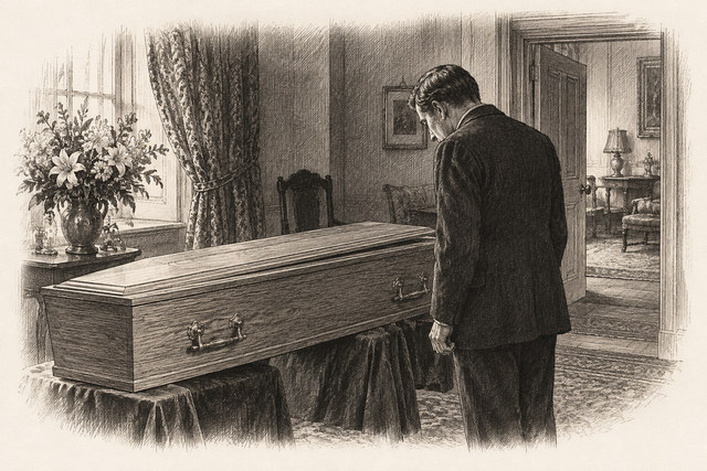 An engraving-style sketch for The Big Four, 16. THE DYING CHINAMAN.