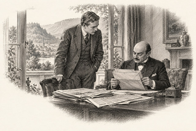 An engraving-style sketch for The Big Four, 17. NUMBER FOUR WINS A TRICK.